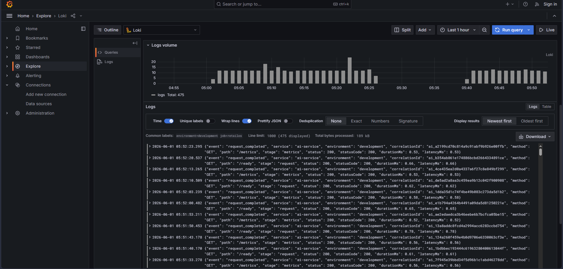 Loki logs view showing structured RetailOS operational logs